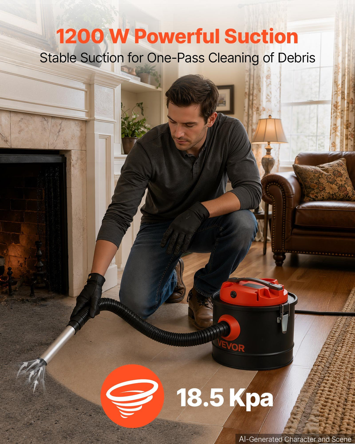 VEVOR Ash Vacuum 2.6 Gallon, 1200W Powerful Fireplace Cleaner Steel Body, for Fireplace, Pellet Stoves, Wood Stoves, Fire Pit, Grills, Double Stage Filtration System, 2.7 FT Hose, Black & Orange - CHGJ26GAL120W9I7Y001V1 - view 3