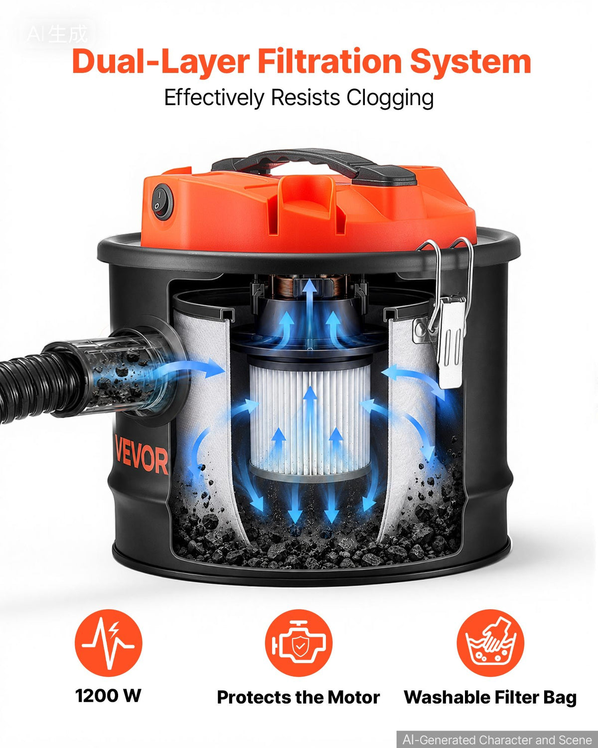 VEVOR Ash Vacuum 2.6 Gallon, 1200W Powerful Fireplace Cleaner Steel Body, for Fireplace, Pellet Stoves, Wood Stoves, Fire Pit, Grills, Double Stage Filtration System, 2.7 FT Hose, Black & Orange - CHGJ26GAL120W9I7Y001V1 - view 4