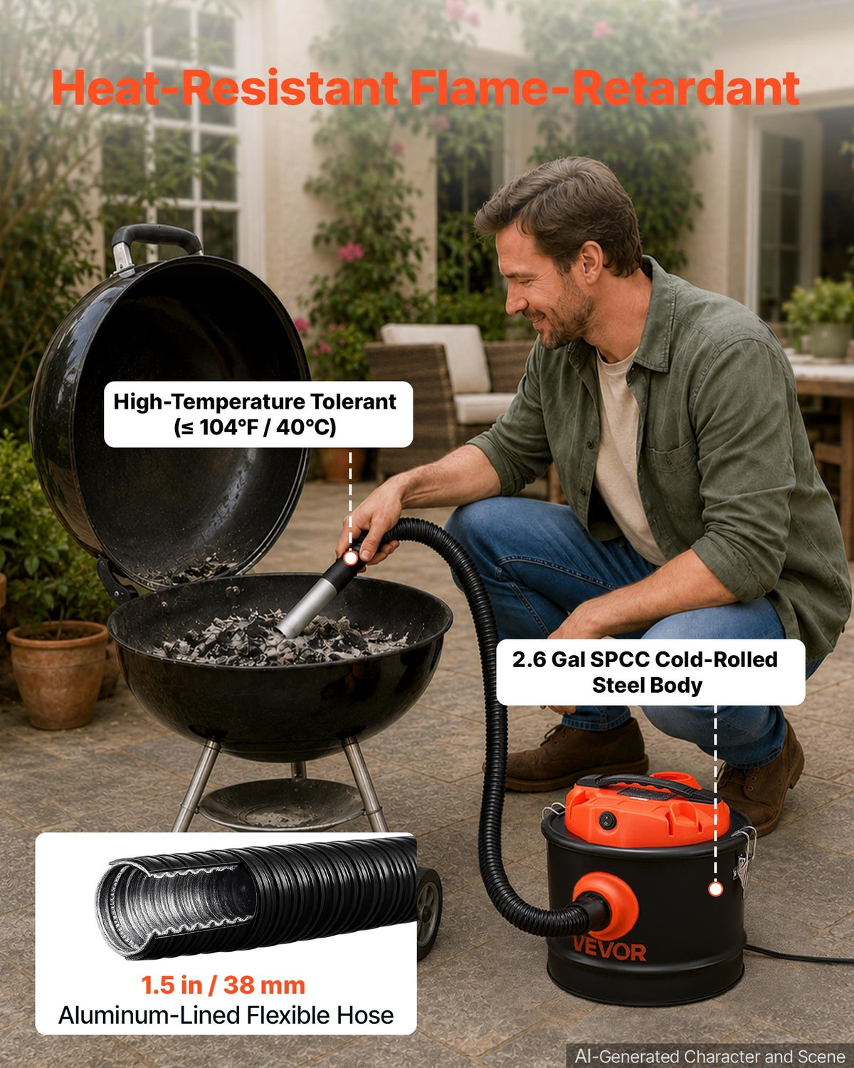 VEVOR Ash Vacuum 2.6 Gallon, 1200W Powerful Fireplace Cleaner Steel Body, for Fireplace, Pellet Stoves, Wood Stoves, Fire Pit, Grills, Double Stage Filtration System, 2.7 FT Hose, Black & Orange - CHGJ26GAL120W9I7Y001V1 - view 5