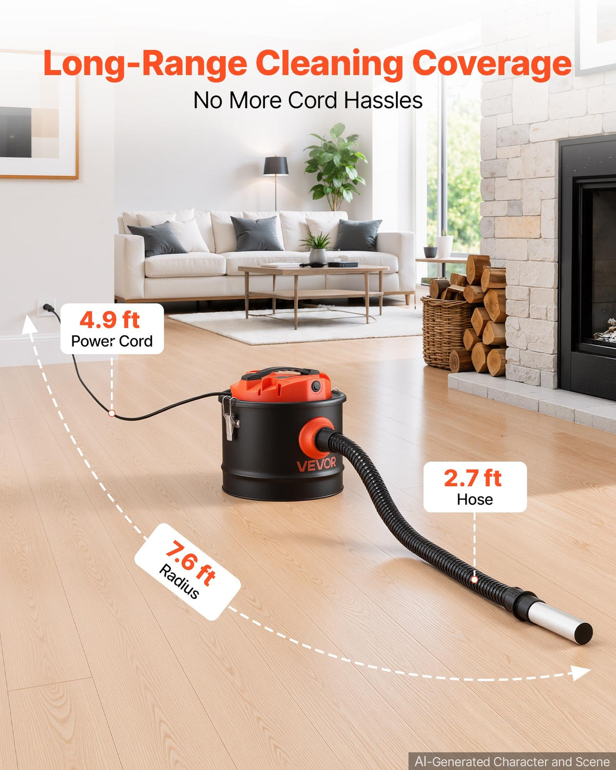 VEVOR Ash Vacuum 2.6 Gallon, 1200W Powerful Fireplace Cleaner Steel Body, for Fireplace, Pellet Stoves, Wood Stoves, Fire Pit, Grills, Double Stage Filtration System, 2.7 FT Hose, Black & Orange - CHGJ26GAL120W9I7Y001V1 - view 6