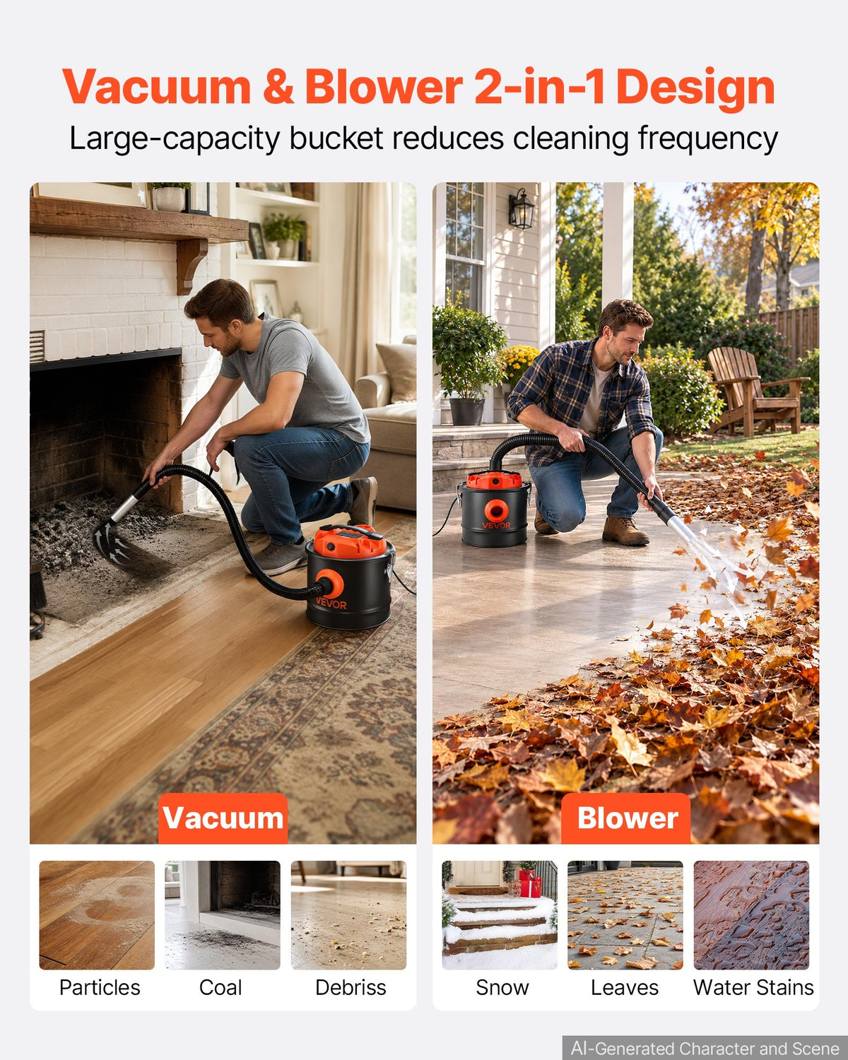VEVOR Ash Vacuum 2.6 Gallon, 1200W Powerful Fireplace Cleaner Steel Body, for Fireplace, Pellet Stoves, Wood Stoves, Fire Pit, Grills, Double Stage Filtration System, 2.7 FT Hose, Black & Orange - CHGJ26GAL120W9I7Y001V1 - view 7