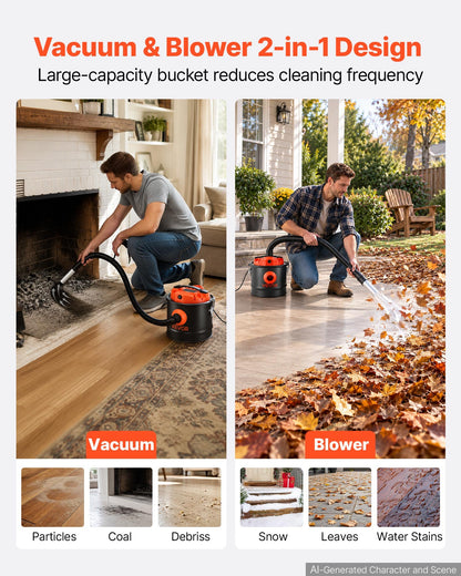 VEVOR Ash Vacuum 2.6 Gallon, 1200W Powerful Fireplace Cleaner Steel Body, for Fireplace, Pellet Stoves, Wood Stoves, Fire Pit, Grills, Double Stage Filtration System, 2.7 FT Hose, Black & Orange - CHGJ26GAL120W9I7Y001V1 - view 7