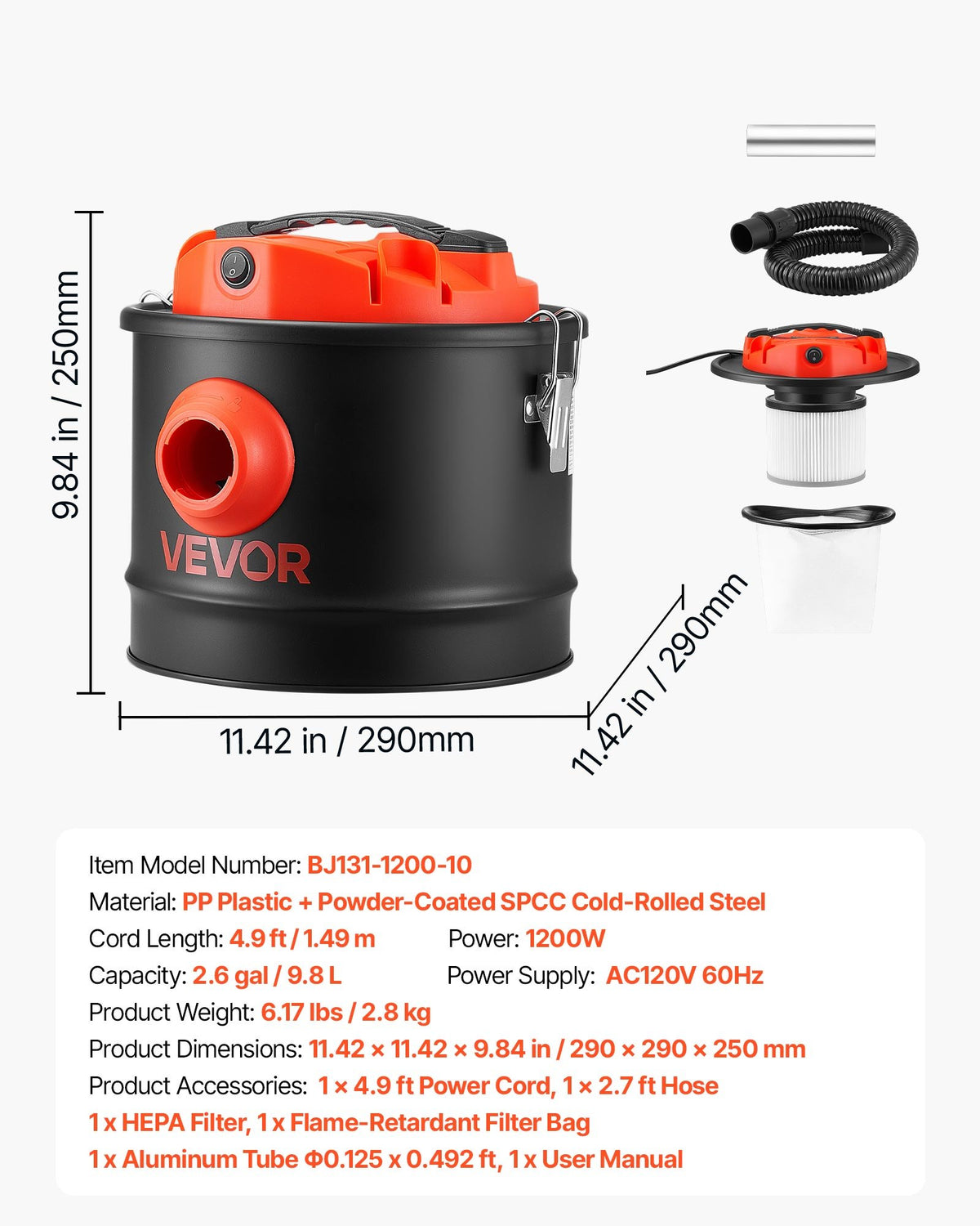 VEVOR Ash Vacuum 2.6 Gallon, 1200W Powerful Fireplace Cleaner Steel Body, for Fireplace, Pellet Stoves, Wood Stoves, Fire Pit, Grills, Double Stage Filtration System, 2.7 FT Hose, Black & Orange - CHGJ26GAL120W9I7Y001V1 - view 8