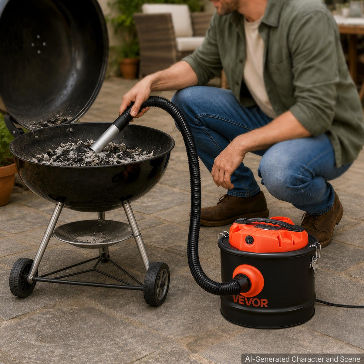 VEVOR Ash Vacuum 2.6 Gallon, 1200W Powerful Fireplace Cleaner Steel Body, for Fireplace, Pellet Stoves, Wood Stoves, Fire Pit, Grills, Double Stage Filtration System, 2.7 FT Hose, Black & Orange - CHGJ26GAL120W9I7Y001V1 - view 9