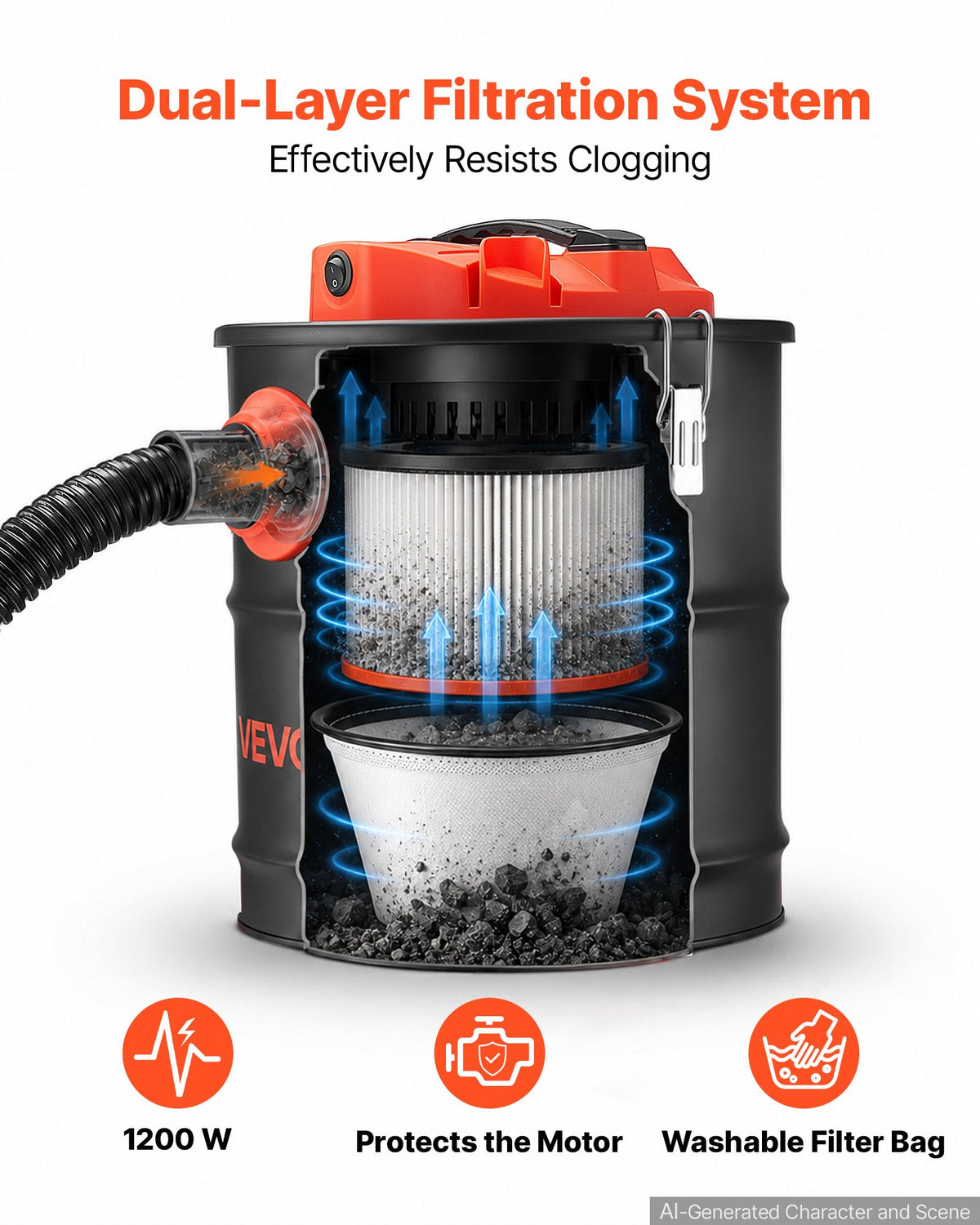 VEVOR Ash Vacuum 4 Gallon, 1200W Powerful Fireplace Cleaner Steel Body, for Fireplaces, Pellet Stoves, Wood Stoves, Fire Pits, Grills, Double Stage Filtration System, 4 FT Hose, Black & Orange - CHGJ4GAL12006T42O001V1 - view 4