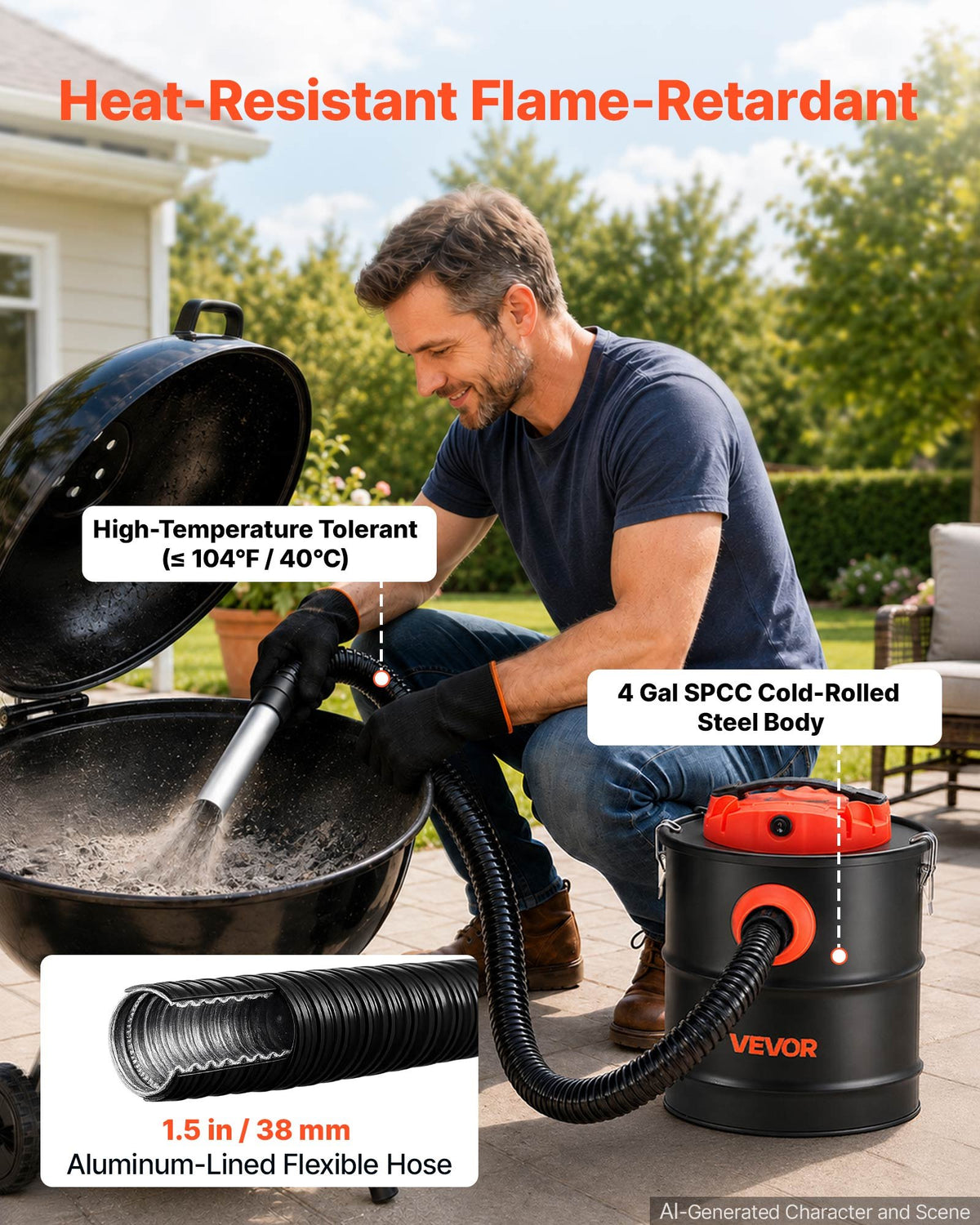 VEVOR Ash Vacuum 4 Gallon, 1200W Powerful Fireplace Cleaner Steel Body, for Fireplaces, Pellet Stoves, Wood Stoves, Fire Pits, Grills, Double Stage Filtration System, 4 FT Hose, Black & Orange - CHGJ4GAL12006T42O001V1 - view 5