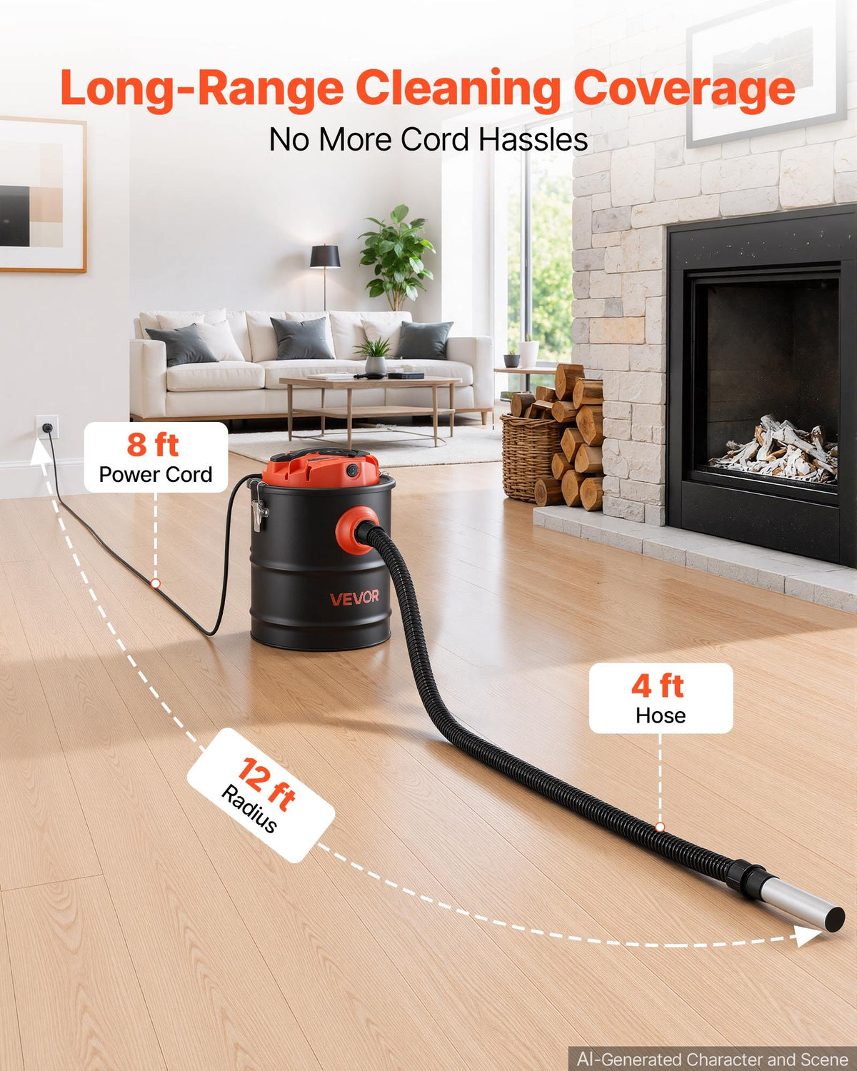 VEVOR Ash Vacuum 4 Gallon, 1200W Powerful Fireplace Cleaner Steel Body, for Fireplaces, Pellet Stoves, Wood Stoves, Fire Pits, Grills, Double Stage Filtration System, 4 FT Hose, Black & Orange - CHGJ4GAL12006T42O001V1 - view 6