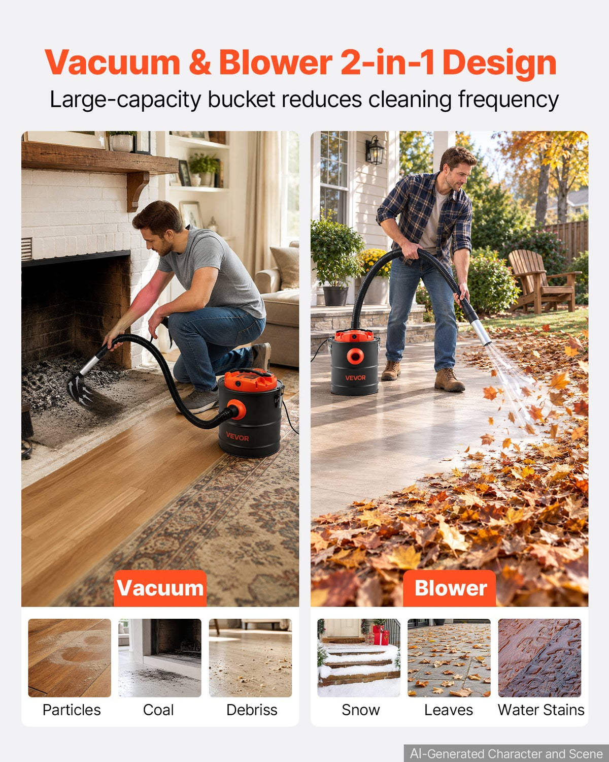VEVOR Ash Vacuum 4 Gallon, 1200W Powerful Fireplace Cleaner Steel Body, for Fireplaces, Pellet Stoves, Wood Stoves, Fire Pits, Grills, Double Stage Filtration System, 4 FT Hose, Black & Orange - CHGJ4GAL12006T42O001V1 - view 7