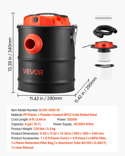VEVOR Ash Vacuum 4 Gallon, 1200W Powerful Fireplace Cleaner Steel Body, for Fireplaces, Pellet Stoves, Wood Stoves, Fire Pits, Grills, Double Stage Filtration System, 4 FT Hose, Black & Orange - CHGJ4GAL12006T42O001V1 - view 8