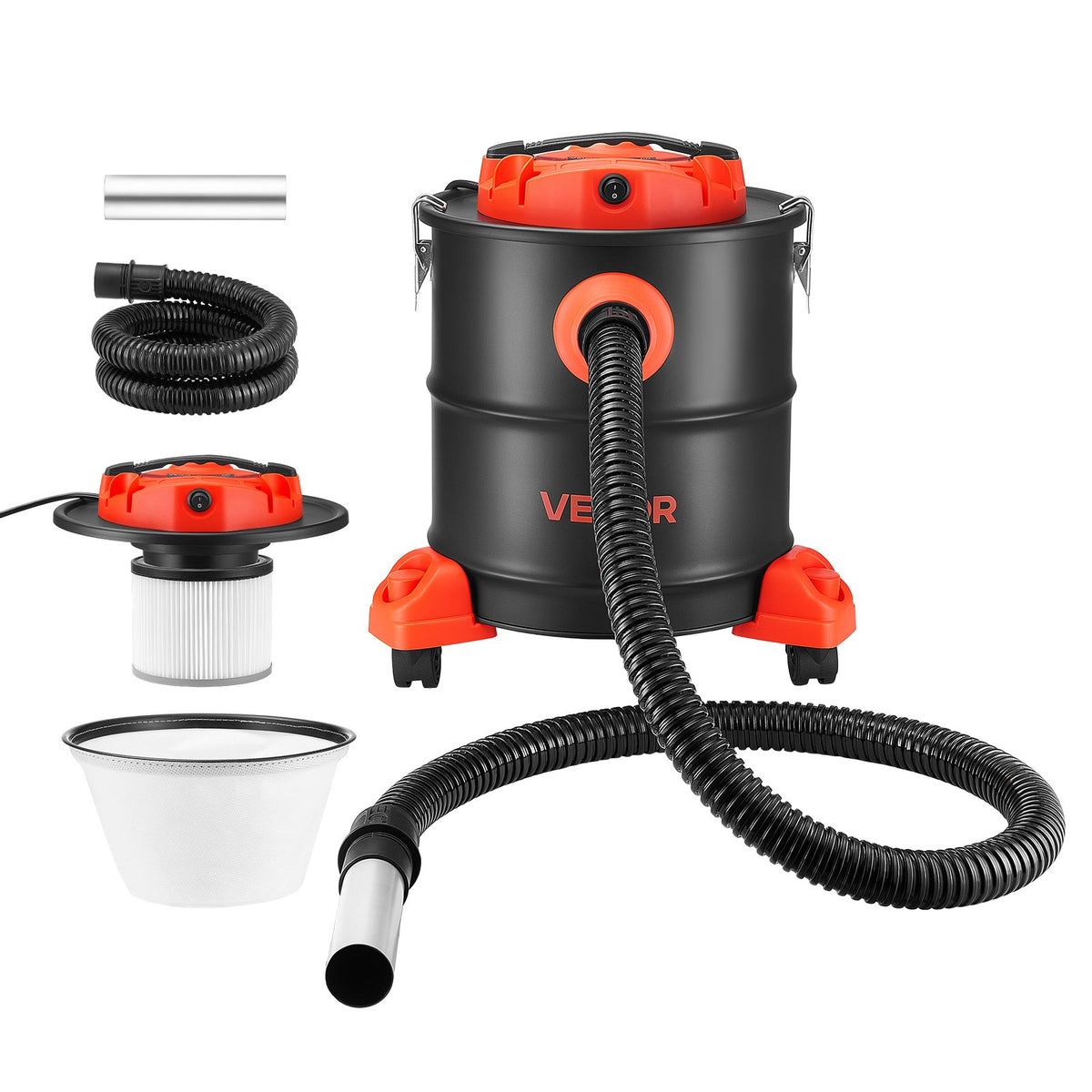 VEVOR Ash Vacuum 5.3 Gallon, 1200W Powerful Fireplace Cleaner with Casters, for Fireplace, Pellet Stove, Wood Stoves, Fire Pit, Grills, Steel Body, Double Stage Filtration, 5 FT Hose, Black & Orange - CHGJ53GAL120SCK71001V1 - view 1