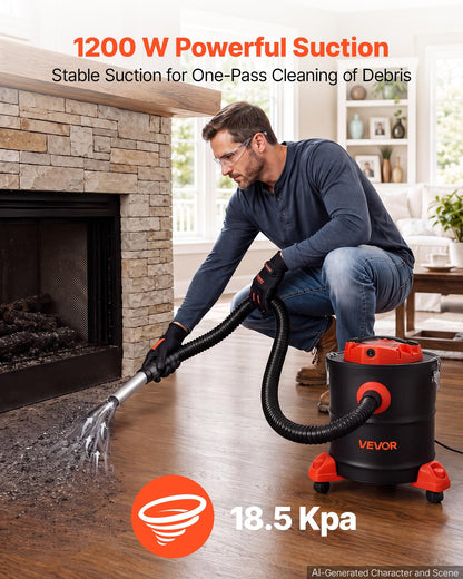 VEVOR Ash Vacuum 5.3 Gallon, 1200W Powerful Fireplace Cleaner with Casters, for Fireplace, Pellet Stove, Wood Stoves, Fire Pit, Grills, Steel Body, Double Stage Filtration, 5 FT Hose, Black & Orange - CHGJ53GAL120SCK71001V1 - view 3