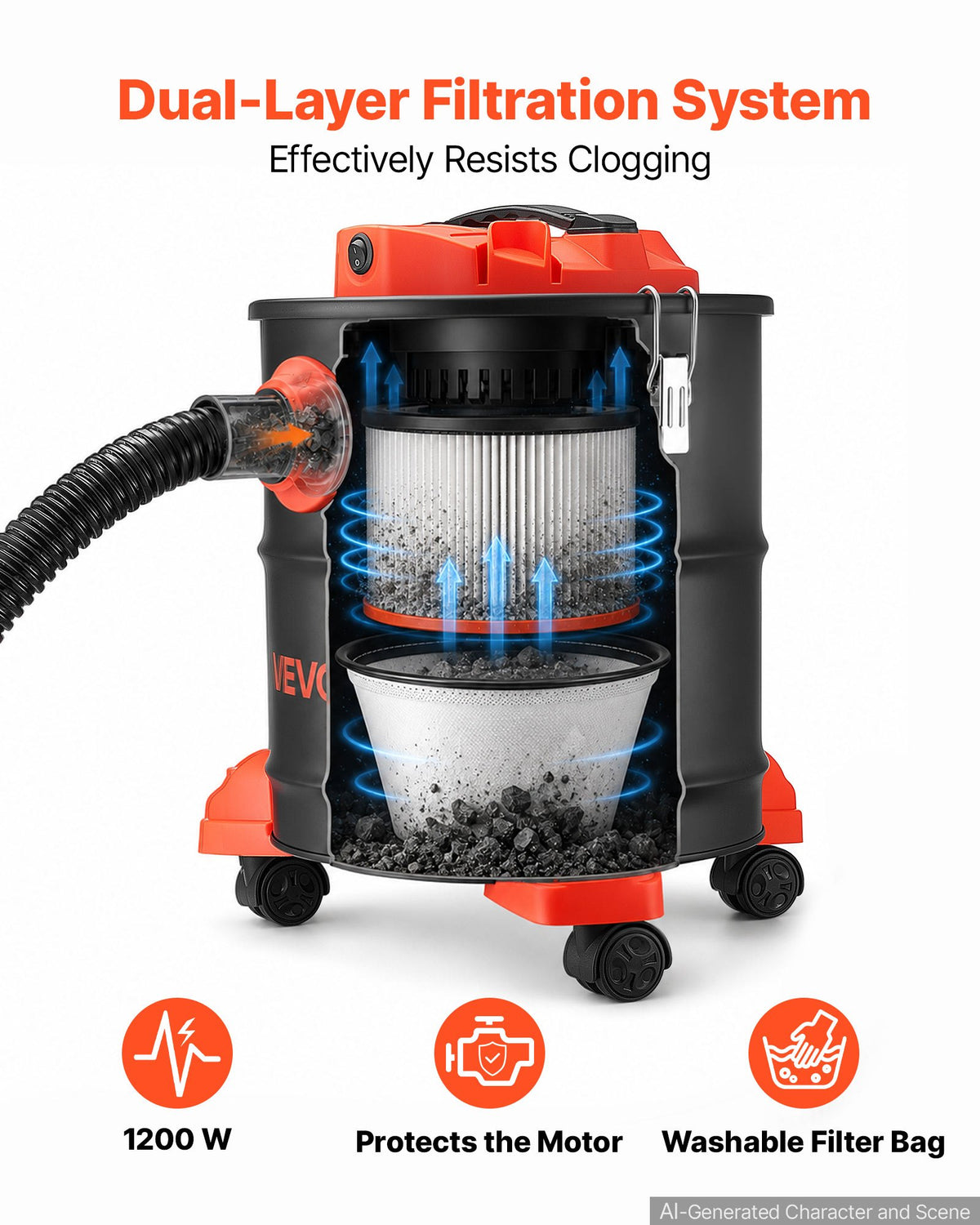 VEVOR Ash Vacuum 5.3 Gallon, 1200W Powerful Fireplace Cleaner with Casters, for Fireplace, Pellet Stove, Wood Stoves, Fire Pit, Grills, Steel Body, Double Stage Filtration, 5 FT Hose, Black & Orange - CHGJ53GAL120SCK71001V1 - view 4