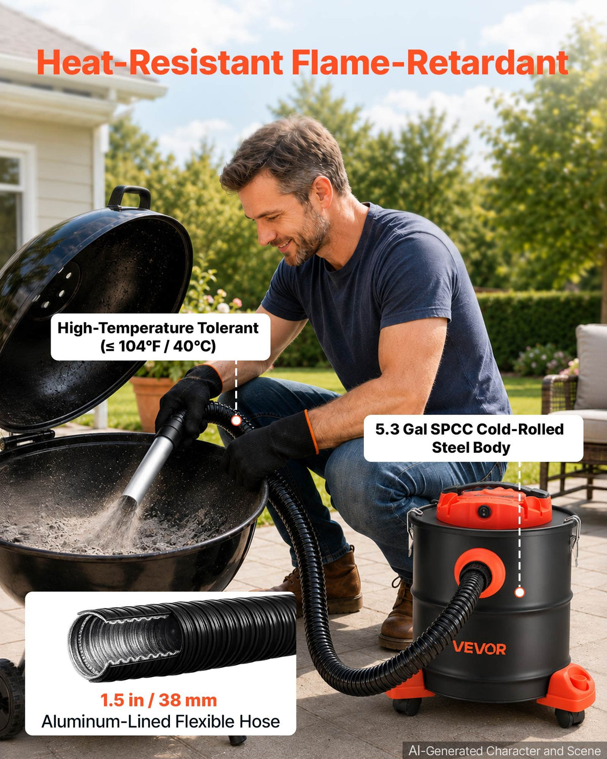VEVOR Ash Vacuum 5.3 Gallon, 1200W Powerful Fireplace Cleaner with Casters, for Fireplace, Pellet Stove, Wood Stoves, Fire Pit, Grills, Steel Body, Double Stage Filtration, 5 FT Hose, Black & Orange - CHGJ53GAL120SCK71001V1 - view 5