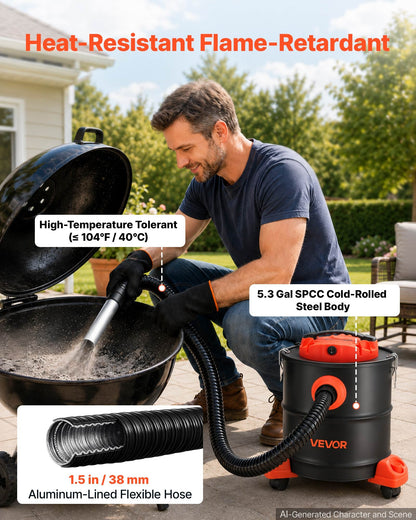 VEVOR Ash Vacuum 5.3 Gallon, 1200W Powerful Fireplace Cleaner with Casters, for Fireplace, Pellet Stove, Wood Stoves, Fire Pit, Grills, Steel Body, Double Stage Filtration, 5 FT Hose, Black & Orange - CHGJ53GAL120SCK71001V1 - view 5