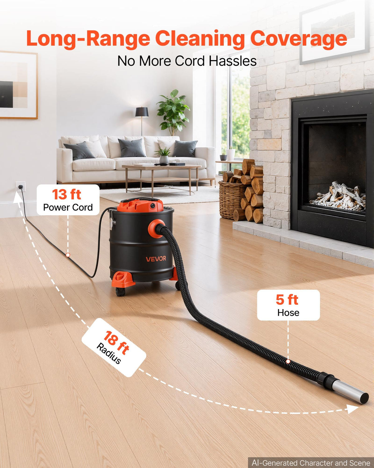 VEVOR Ash Vacuum 5.3 Gallon, 1200W Powerful Fireplace Cleaner with Casters, for Fireplace, Pellet Stove, Wood Stoves, Fire Pit, Grills, Steel Body, Double Stage Filtration, 5 FT Hose, Black & Orange - CHGJ53GAL120SCK71001V1 - view 6