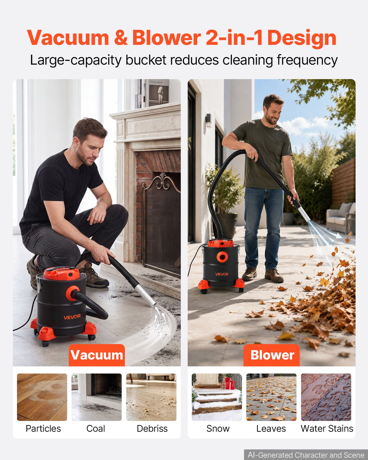 VEVOR Ash Vacuum 5.3 Gallon, 1200W Powerful Fireplace Cleaner with Casters, for Fireplace, Pellet Stove, Wood Stoves, Fire Pit, Grills, Steel Body, Double Stage Filtration, 5 FT Hose, Black & Orange - CHGJ53GAL120SCK71001V1 - view 7