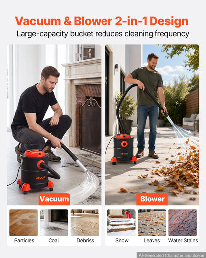 VEVOR Ash Vacuum 5.3 Gallon, 1200W Powerful Fireplace Cleaner with Casters, for Fireplace, Pellet Stove, Wood Stoves, Fire Pit, Grills, Steel Body, Double Stage Filtration, 5 FT Hose, Black & Orange - CHGJ53GAL120SCK71001V1 - view 7