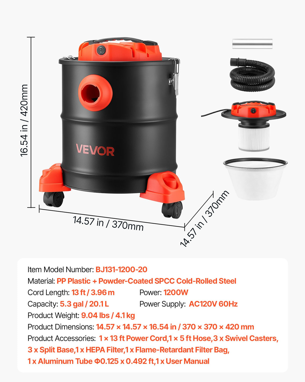 VEVOR Ash Vacuum 5.3 Gallon, 1200W Powerful Fireplace Cleaner with Casters, for Fireplace, Pellet Stove, Wood Stoves, Fire Pit, Grills, Steel Body, Double Stage Filtration, 5 FT Hose, Black & Orange - CHGJ53GAL120SCK71001V1 - view 8