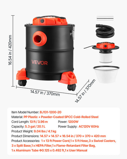VEVOR Ash Vacuum 5.3 Gallon, 1200W Powerful Fireplace Cleaner with Casters, for Fireplace, Pellet Stove, Wood Stoves, Fire Pit, Grills, Steel Body, Double Stage Filtration, 5 FT Hose, Black & Orange - CHGJ53GAL120SCK71001V1 - view 8