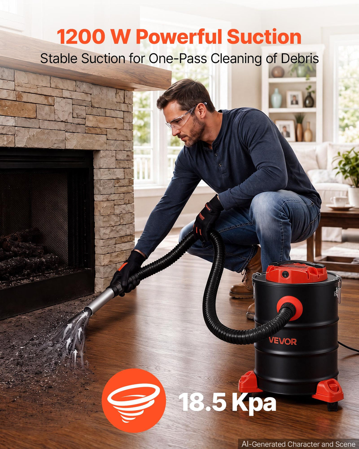 VEVOR Ash Vacuum 6 Gallon, 1200W Powerful Fireplace Cleaner with Casters, for Fireplaces, Pellet Stoves, Wood Stoves, Fire Pits, Grills, Steel Body, Double Stage Filtration, 5 FT Hose, Black & Orange - CHGJ6GAL1200DN1OW001V1 - view 3