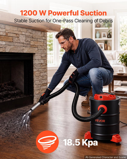 VEVOR Ash Vacuum 6 Gallon, 1200W Powerful Fireplace Cleaner with Casters, for Fireplaces, Pellet Stoves, Wood Stoves, Fire Pits, Grills, Steel Body, Double Stage Filtration, 5 FT Hose, Black & Orange - CHGJ6GAL1200DN1OW001V1 - view 3