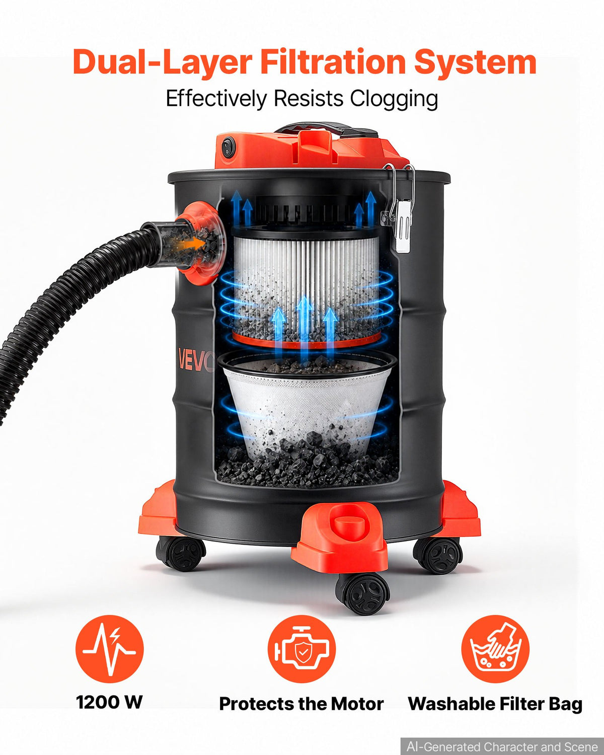 VEVOR Ash Vacuum 6 Gallon, 1200W Powerful Fireplace Cleaner with Casters, for Fireplaces, Pellet Stoves, Wood Stoves, Fire Pits, Grills, Steel Body, Double Stage Filtration, 5 FT Hose, Black & Orange - CHGJ6GAL1200DN1OW001V1 - view 4
