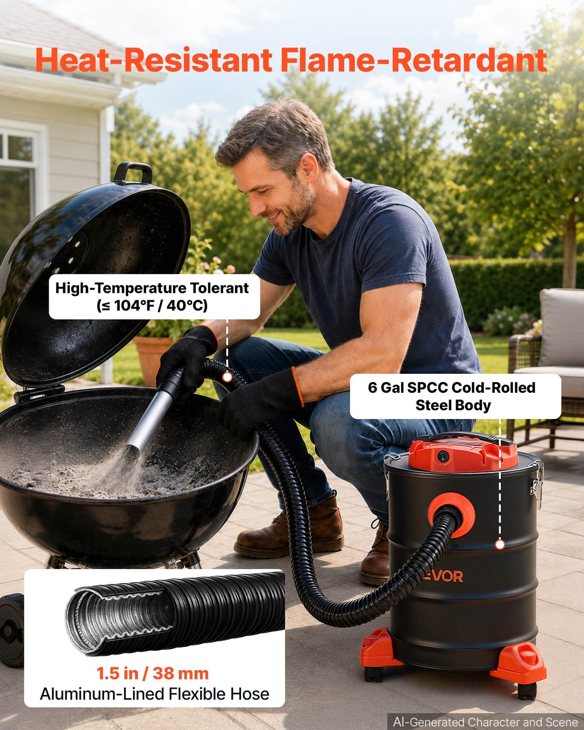 VEVOR Ash Vacuum 6 Gallon, 1200W Powerful Fireplace Cleaner with Casters, for Fireplaces, Pellet Stoves, Wood Stoves, Fire Pits, Grills, Steel Body, Double Stage Filtration, 5 FT Hose, Black & Orange - CHGJ6GAL1200DN1OW001V1 - view 5