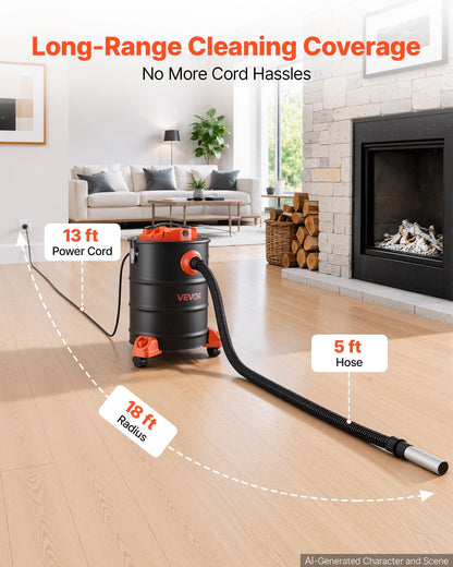 VEVOR Ash Vacuum 6 Gallon, 1200W Powerful Fireplace Cleaner with Casters, for Fireplaces, Pellet Stoves, Wood Stoves, Fire Pits, Grills, Steel Body, Double Stage Filtration, 5 FT Hose, Black & Orange - CHGJ6GAL1200DN1OW001V1 - view 6