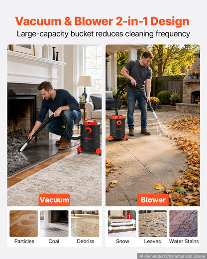 VEVOR Ash Vacuum 6 Gallon, 1200W Powerful Fireplace Cleaner with Casters, for Fireplaces, Pellet Stoves, Wood Stoves, Fire Pits, Grills, Steel Body, Double Stage Filtration, 5 FT Hose, Black & Orange - CHGJ6GAL1200DN1OW001V1 - view 7
