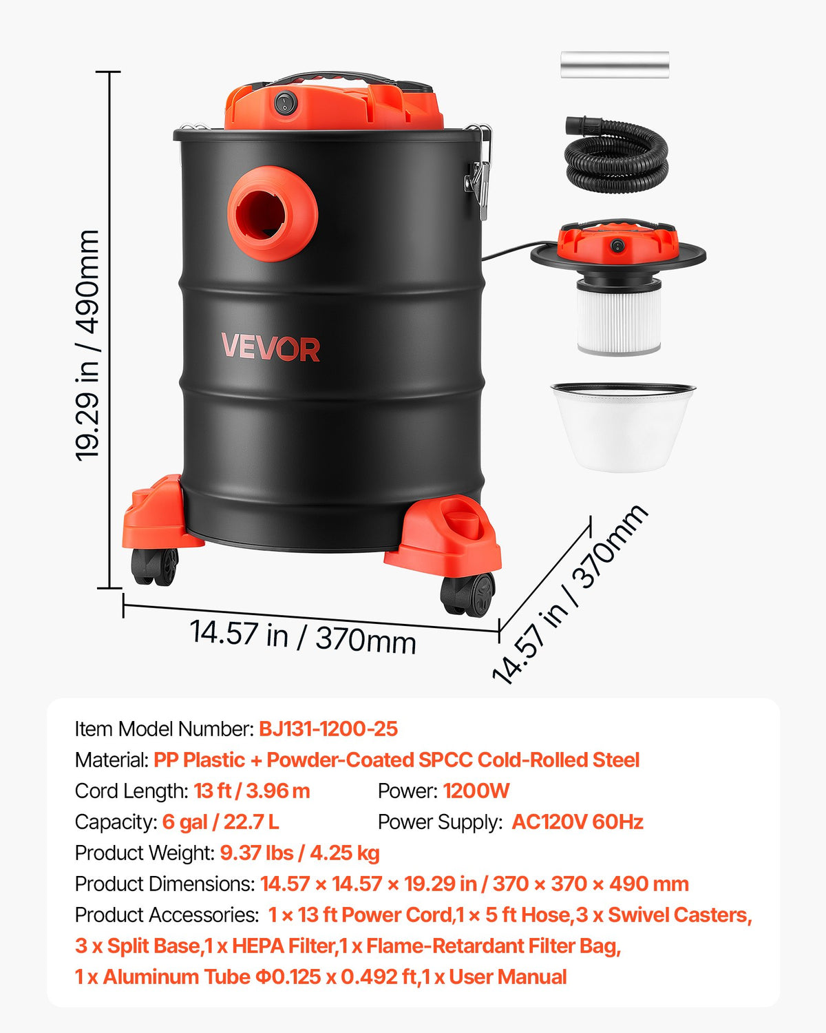 VEVOR Ash Vacuum 6 Gallon, 1200W Powerful Fireplace Cleaner with Casters, for Fireplaces, Pellet Stoves, Wood Stoves, Fire Pits, Grills, Steel Body, Double Stage Filtration, 5 FT Hose, Black & Orange - CHGJ6GAL1200DN1OW001V1 - view 8