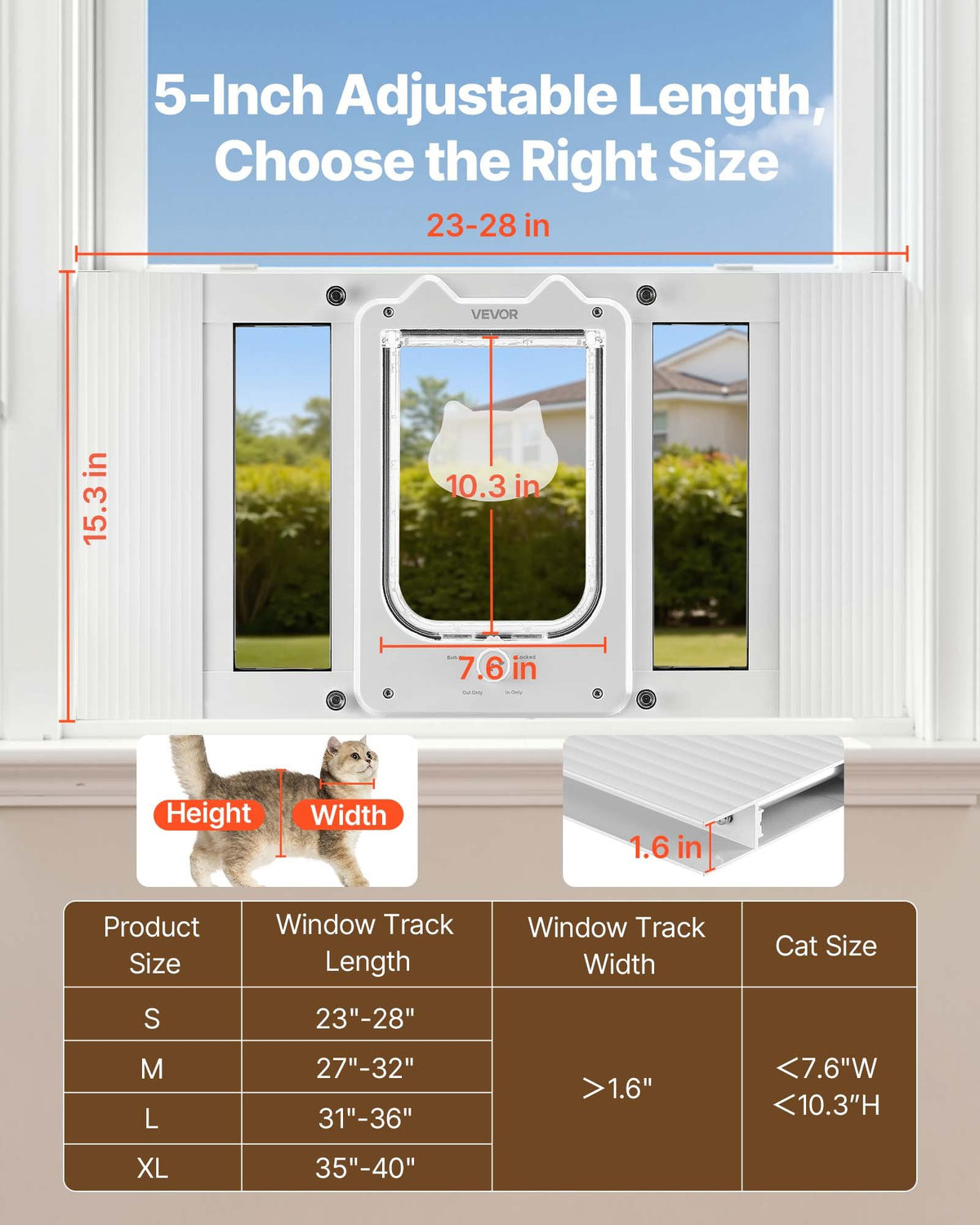 VEVOR Cat Door for Window, Adjustable to Fit Window Width 23"-28", 4 Secure Lock Modes, Aluminum Frame and High-Transparency Glass, Magnetic Closure, Weatherproof Quick-Fit Pet Door for Cats, White - CHMMZYSSK232W040E001V0 - view 3