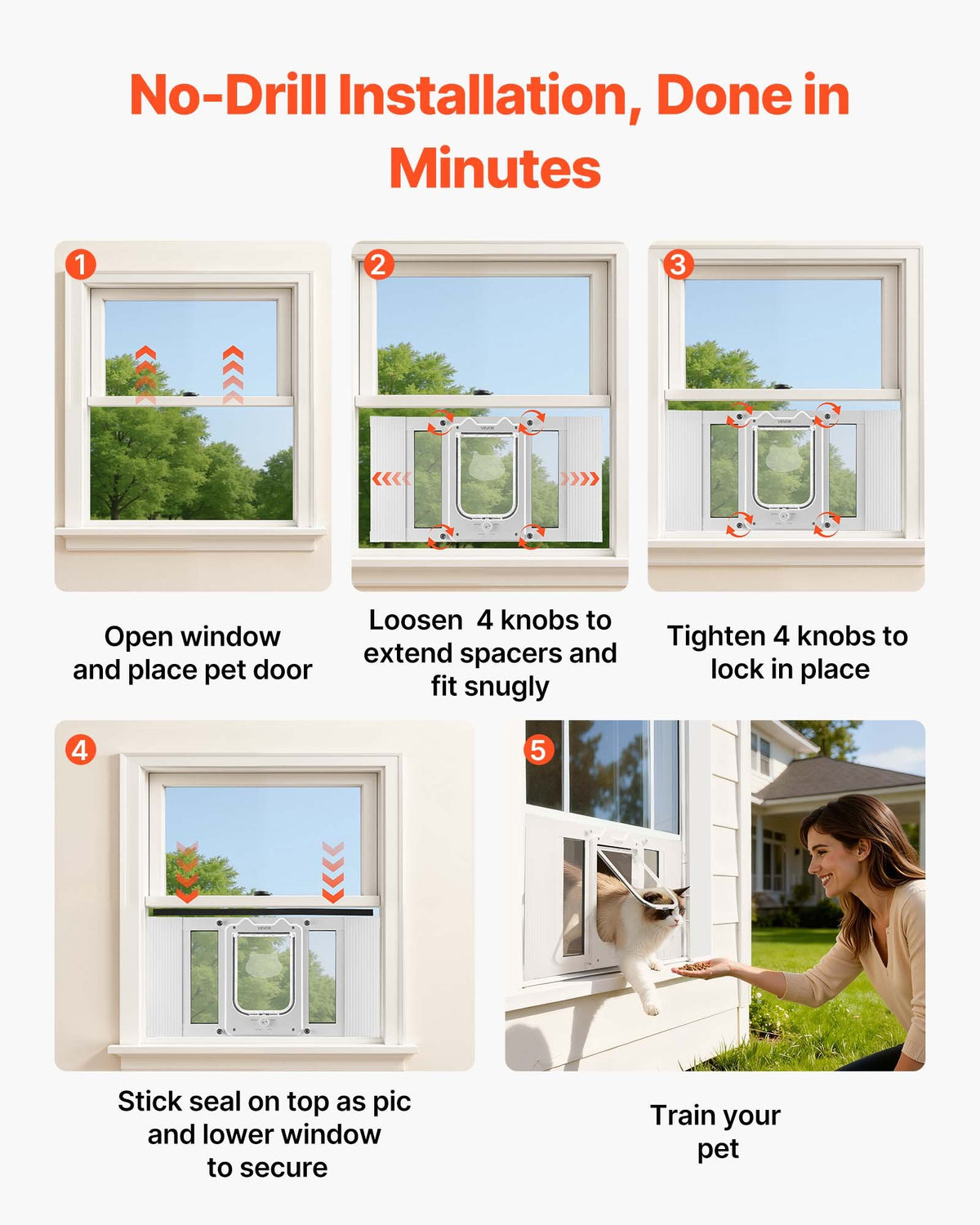 VEVOR Cat Door for Window, Adjustable to Fit Window Width 23"-28", 4 Secure Lock Modes, Aluminum Frame and High-Transparency Glass, Magnetic Closure, Weatherproof Quick-Fit Pet Door for Cats, White - CHMMZYSSK232W040E001V0 - view 6