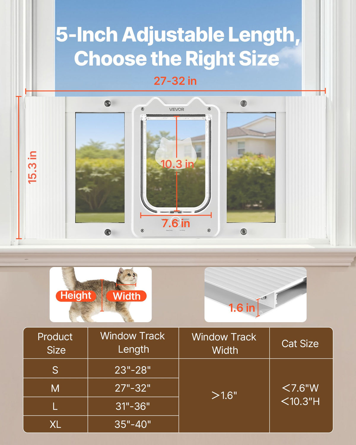 VEVOR Cat Door for Window, Adjustable to Fit Window Width 27"-32", 4 Secure Lock Modes, Aluminum Frame and High-Transparency Glass, Magnetic Closure, Weatherproof Quick-Fit Pet Door for Cats, White - CHMMZYSSK273FWVBJ001V0 - view 3