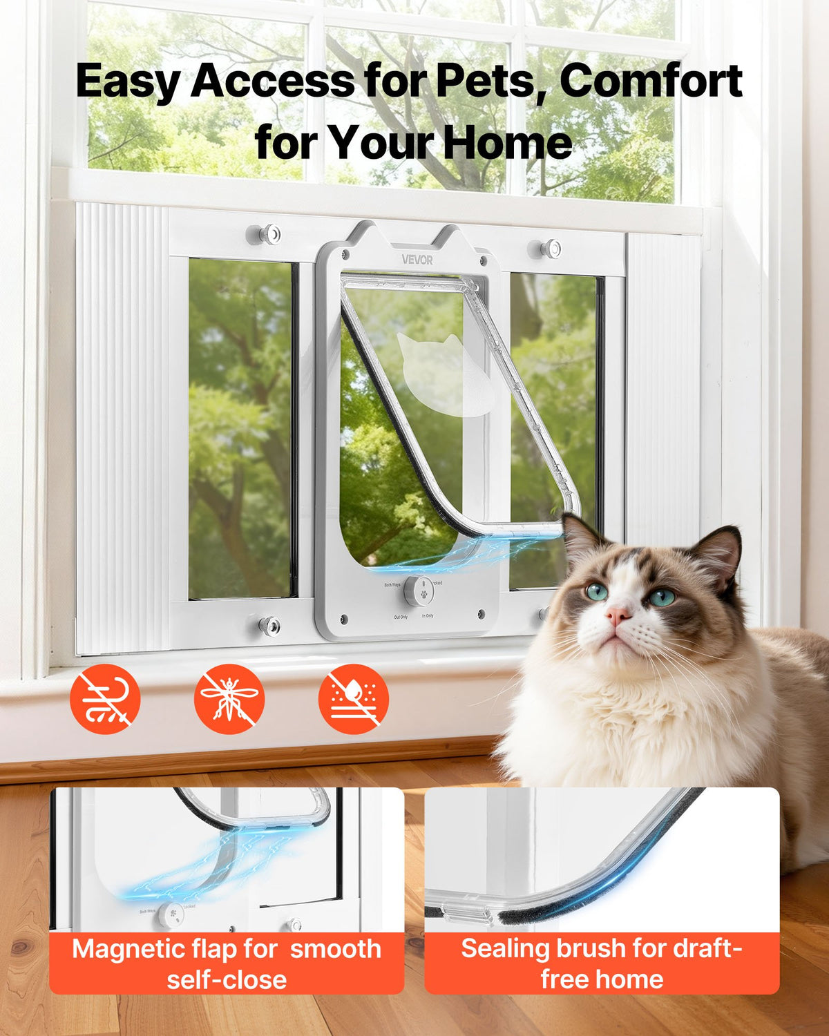 VEVOR Cat Door for Window, Adjustable to Fit Window Width 27"-32", 4 Secure Lock Modes, Aluminum Frame and High-Transparency Glass, Magnetic Closure, Weatherproof Quick-Fit Pet Door for Cats, White - CHMMZYSSK273FWVBJ001V0 - view 5