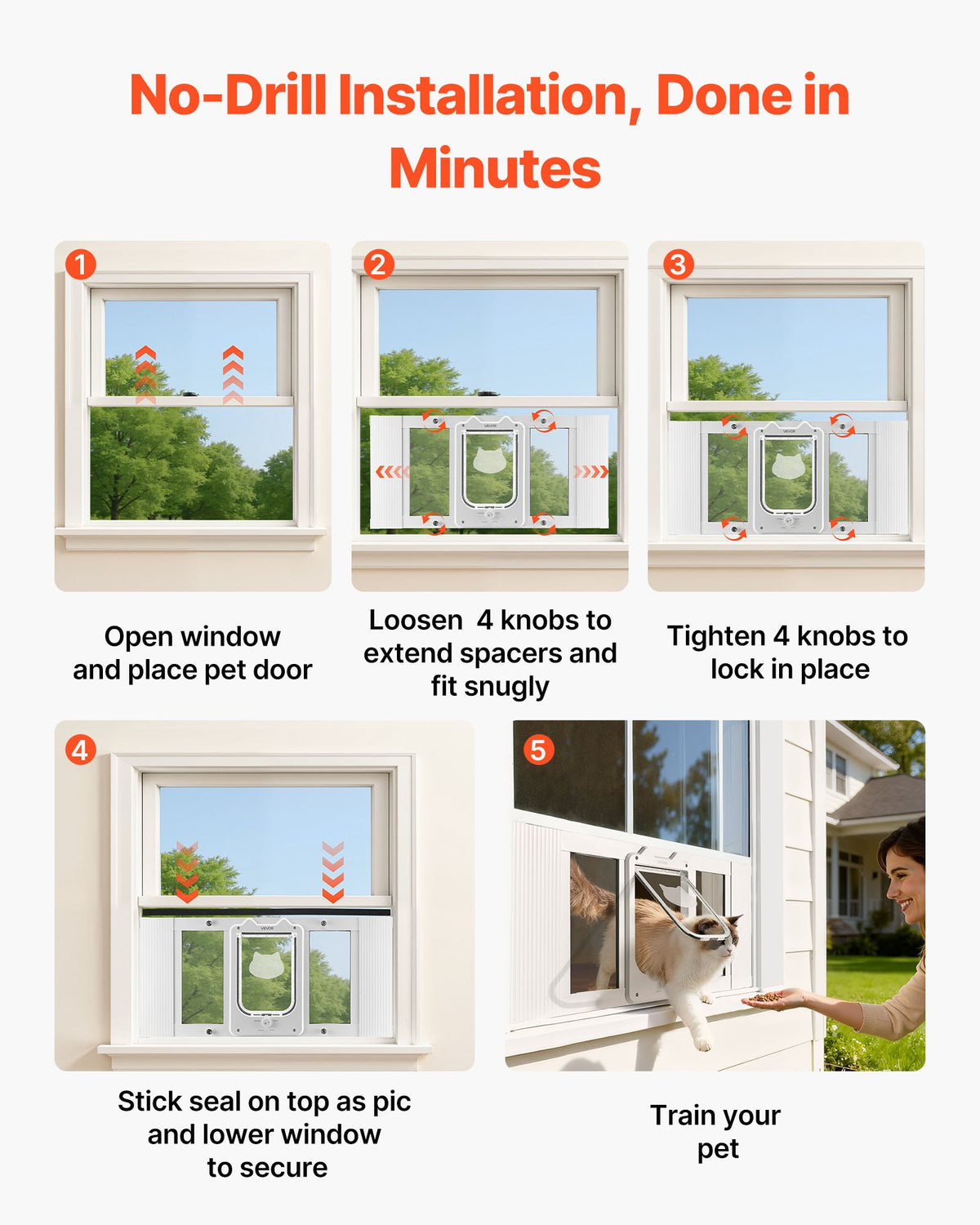 VEVOR Cat Door for Window, Adjustable to Fit Window Width 27"-32", 4 Secure Lock Modes, Aluminum Frame and High-Transparency Glass, Magnetic Closure, Weatherproof Quick-Fit Pet Door for Cats, White - CHMMZYSSK273FWVBJ001V0 - view 6
