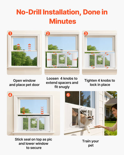 VEVOR Cat Door for Window, Adjustable to Fit Window Width 27"-32", 4 Secure Lock Modes, Aluminum Frame and High-Transparency Glass, Magnetic Closure, Weatherproof Quick-Fit Pet Door for Cats, White - CHMMZYSSK273FWVBJ001V0 - view 6