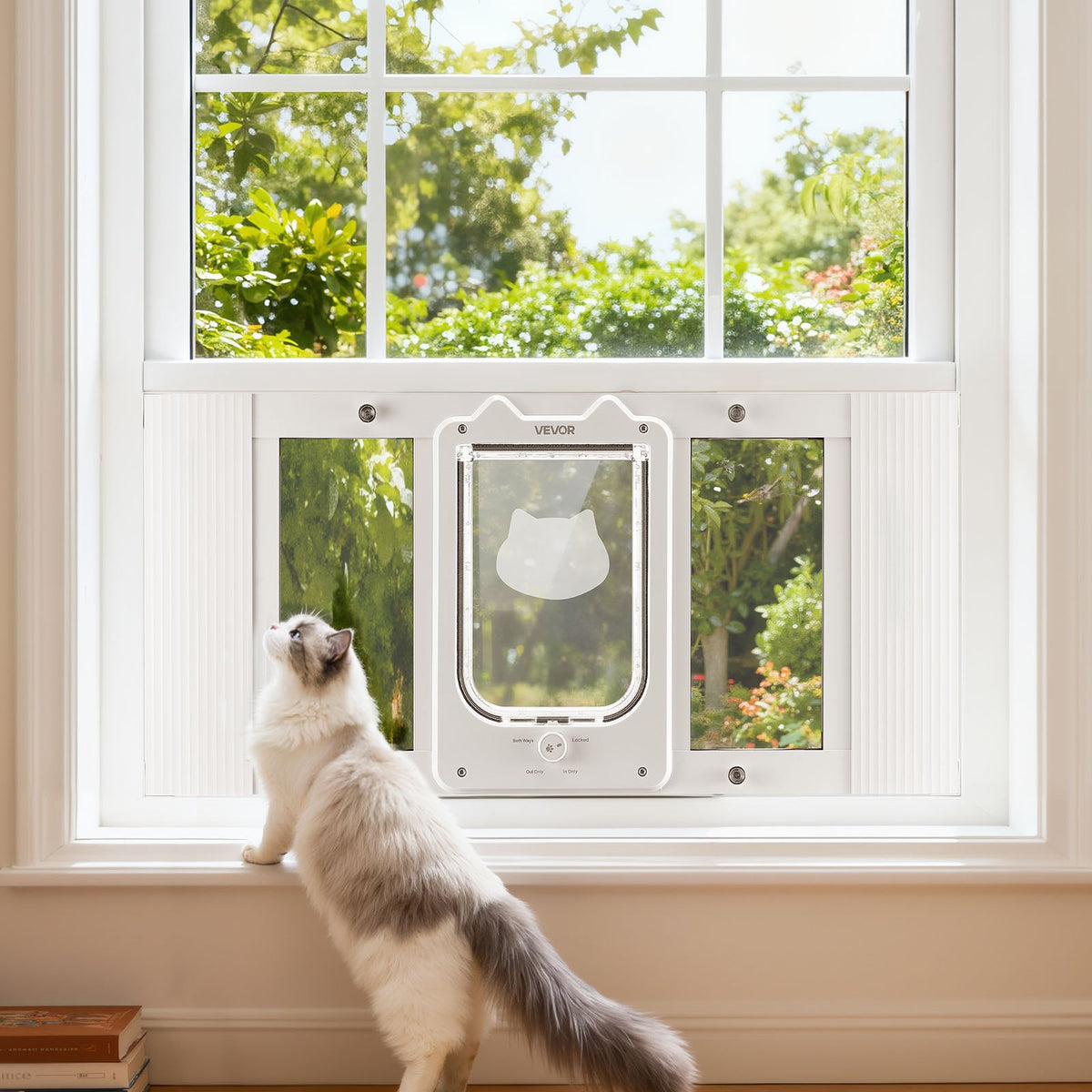 VEVOR Cat Door for Window, Adjustable to Fit Window Width 27"-32", 4 Secure Lock Modes, Aluminum Frame and High-Transparency Glass, Magnetic Closure, Weatherproof Quick-Fit Pet Door for Cats, White - CHMMZYSSK273FWVBJ001V0 - view 9