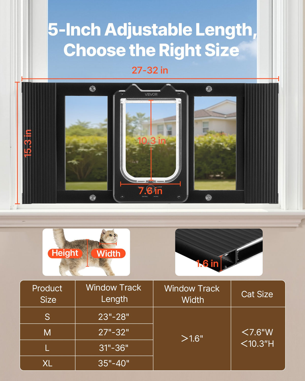 VEVOR Cat Door for Window, Adjustable to Fit Window Width 27"-32", 4 Secure Lock Modes, Aluminum Frame and High-Transparency Glass, Magnetic Closure, Weatherproof Quick-Fit Pet Door for Cats, Black - CHMMZYSSK273KNOC6001V0 - view 3