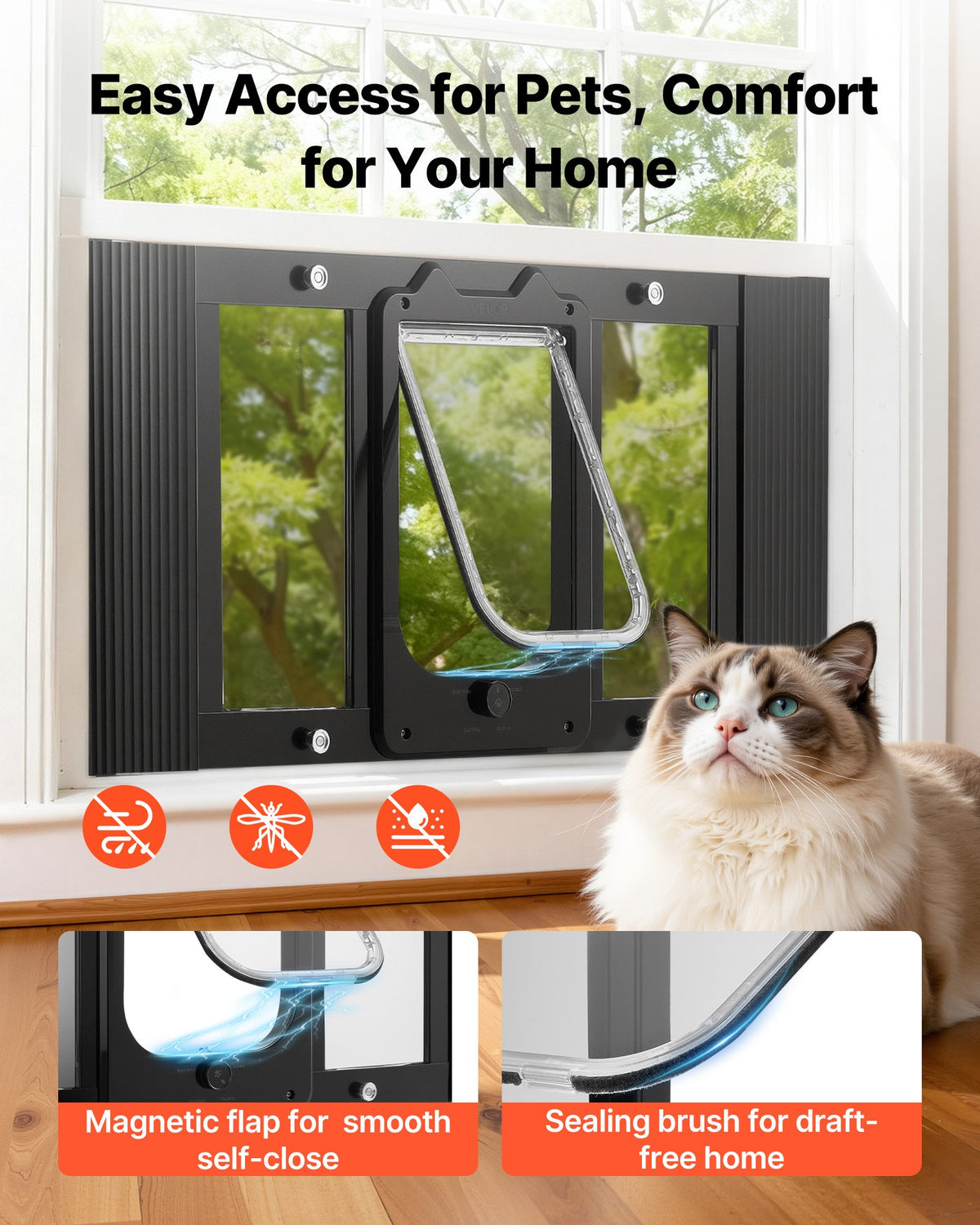 VEVOR Cat Door for Window, Adjustable to Fit Window Width 27"-32", 4 Secure Lock Modes, Aluminum Frame and High-Transparency Glass, Magnetic Closure, Weatherproof Quick-Fit Pet Door for Cats, Black - CHMMZYSSK273KNOC6001V0 - view 5