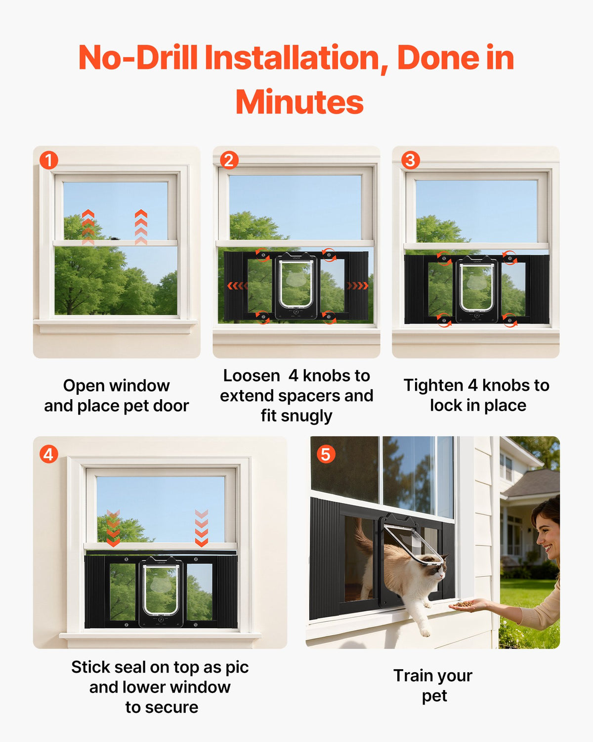 VEVOR Cat Door for Window, Adjustable to Fit Window Width 27"-32", 4 Secure Lock Modes, Aluminum Frame and High-Transparency Glass, Magnetic Closure, Weatherproof Quick-Fit Pet Door for Cats, Black - CHMMZYSSK273KNOC6001V0 - view 6