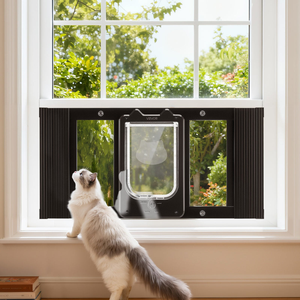 VEVOR Cat Door for Window, Adjustable to Fit Window Width 27"-32", 4 Secure Lock Modes, Aluminum Frame and High-Transparency Glass, Magnetic Closure, Weatherproof Quick-Fit Pet Door for Cats, Black - CHMMZYSSK273KNOC6001V0 - view 9