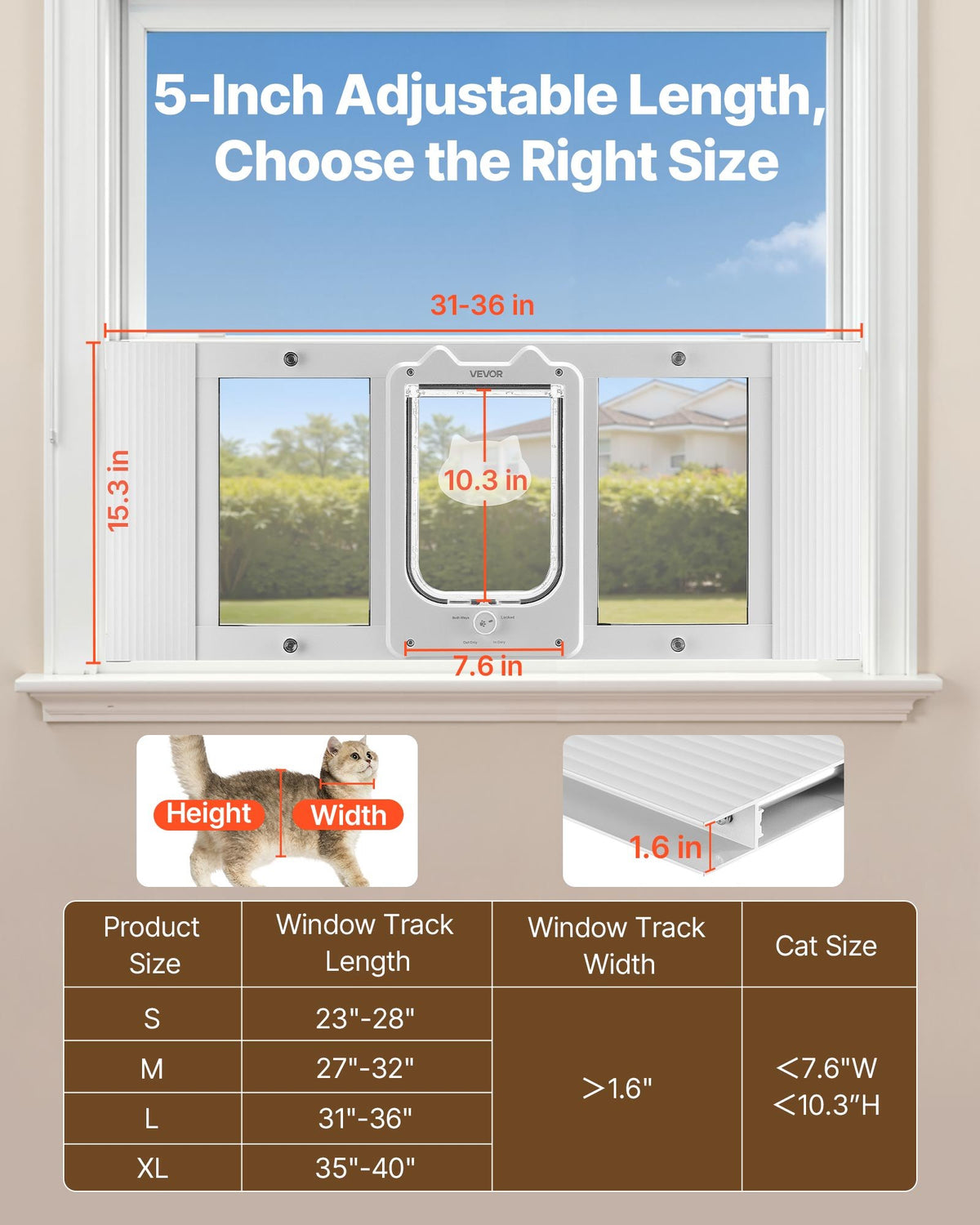 VEVOR Cat Door for Window, Adjustable to Fit Window Width 31"-36", 4 Secure Lock Modes, Aluminum Frame and High-Transparency Glass, Magnetic Closure, Weatherproof Quick-Fit Pet Door for Cats, White - CHMMZYSSK313HZ9S2001V0 - view 3