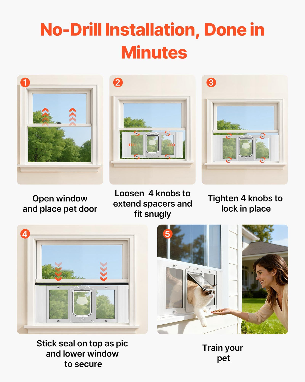 VEVOR Cat Door for Window, Adjustable to Fit Window Width 31"-36", 4 Secure Lock Modes, Aluminum Frame and High-Transparency Glass, Magnetic Closure, Weatherproof Quick-Fit Pet Door for Cats, White - CHMMZYSSK313HZ9S2001V0 - view 6