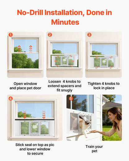 VEVOR Cat Door for Window, Adjustable to Fit Window Width 31"-36", 4 Secure Lock Modes, Aluminum Frame and High-Transparency Glass, Magnetic Closure, Weatherproof Quick-Fit Pet Door for Cats, White - CHMMZYSSK313HZ9S2001V0 - view 6