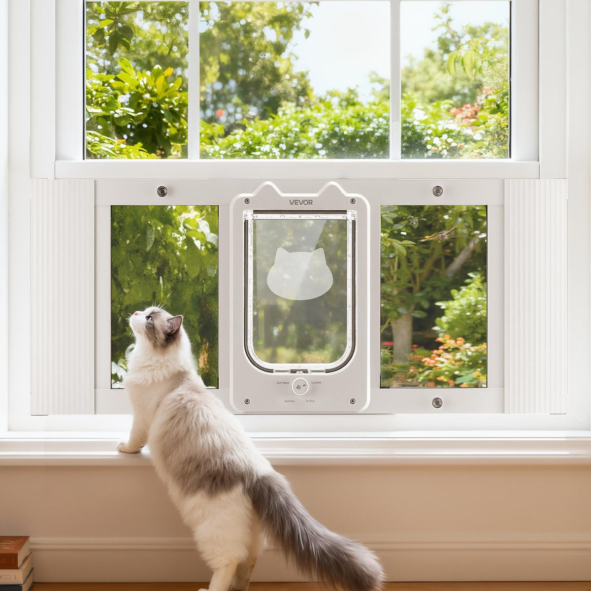 VEVOR Cat Door for Window, Adjustable to Fit Window Width 31"-36", 4 Secure Lock Modes, Aluminum Frame and High-Transparency Glass, Magnetic Closure, Weatherproof Quick-Fit Pet Door for Cats, White - CHMMZYSSK313HZ9S2001V0 - view 9