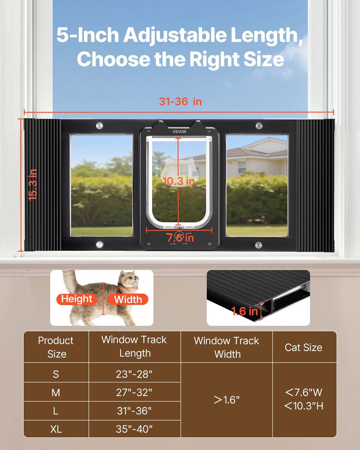 VEVOR Cat Door for Window, Adjustable to Fit Window Width 31"-36", 4 Secure Lock Modes, Aluminum Frame and High-Transparency Glass, Magnetic Closure, Weatherproof Quick-Fit Pet Door for Cats, Black - CHMMZYSSK313SVA04001V0 - view 3