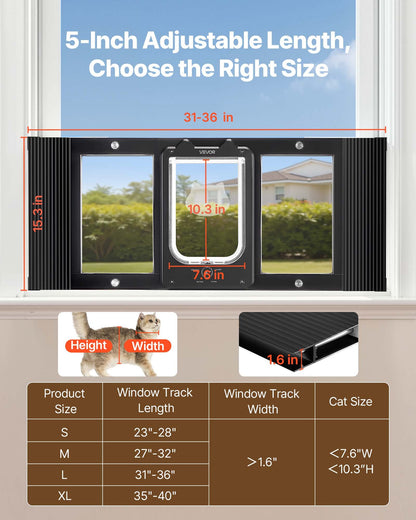 VEVOR Cat Door for Window, Adjustable to Fit Window Width 31"-36", 4 Secure Lock Modes, Aluminum Frame and High-Transparency Glass, Magnetic Closure, Weatherproof Quick-Fit Pet Door for Cats, Black - CHMMZYSSK313SVA04001V0 - view 3