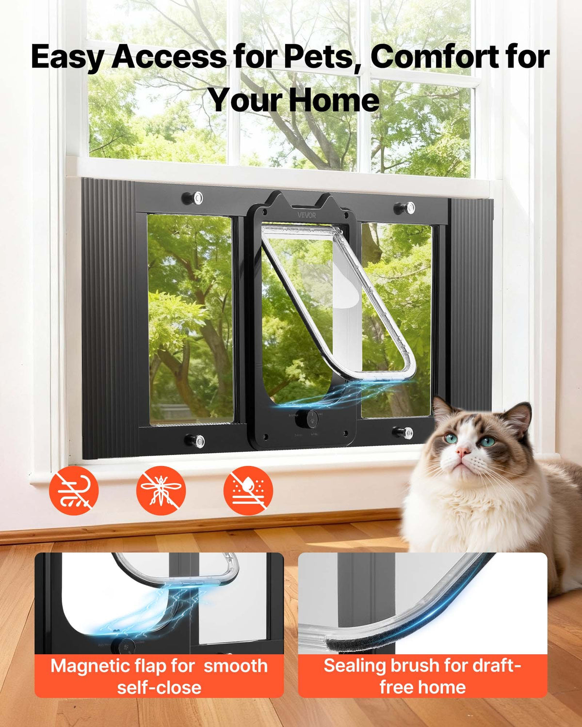 VEVOR Cat Door for Window, Adjustable to Fit Window Width 31"-36", 4 Secure Lock Modes, Aluminum Frame and High-Transparency Glass, Magnetic Closure, Weatherproof Quick-Fit Pet Door for Cats, Black - CHMMZYSSK313SVA04001V0 - view 5
