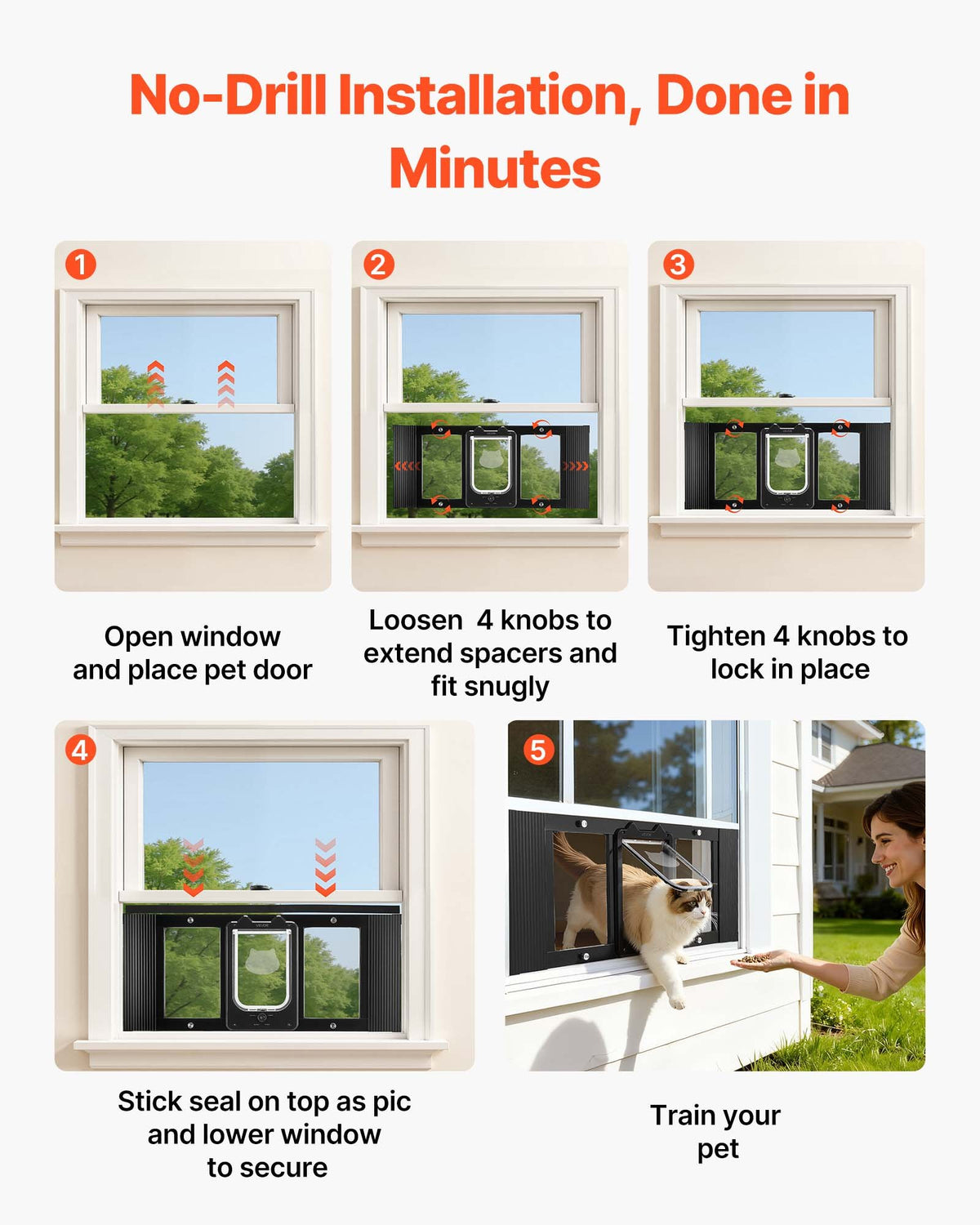VEVOR Cat Door for Window, Adjustable to Fit Window Width 31"-36", 4 Secure Lock Modes, Aluminum Frame and High-Transparency Glass, Magnetic Closure, Weatherproof Quick-Fit Pet Door for Cats, Black - CHMMZYSSK313SVA04001V0 - view 6