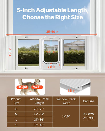 VEVOR Cat Door for Window, Adjustable to Fit Window Width 35"-40", 4 Secure Lock Modes, Aluminum Frame and High-Transparency Glass, Magnetic Closure, Weatherproof Quick-Fit Pet Door for Cats, White - CHMMZYSSK354BMYGM001V0 - view 3
